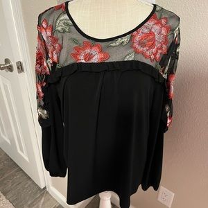 Black & red rose embroidered top